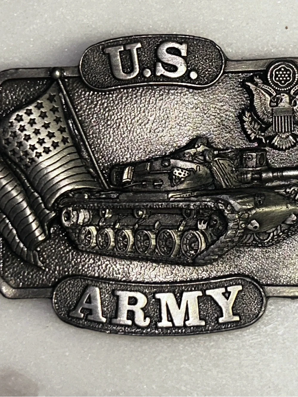Bergamot Brass Works ~ 1982 ~ US Army Tank Flag & Seal Belt Buckle W/ Army Tank